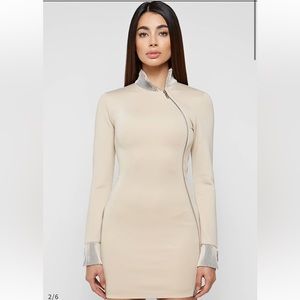 HIGH NECK NEOPRENE ZIP DETAIL DRESS - BEIGE